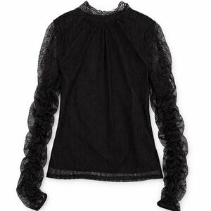 Express Black Lace Long-Sleeve Ruched Sleeve Top
